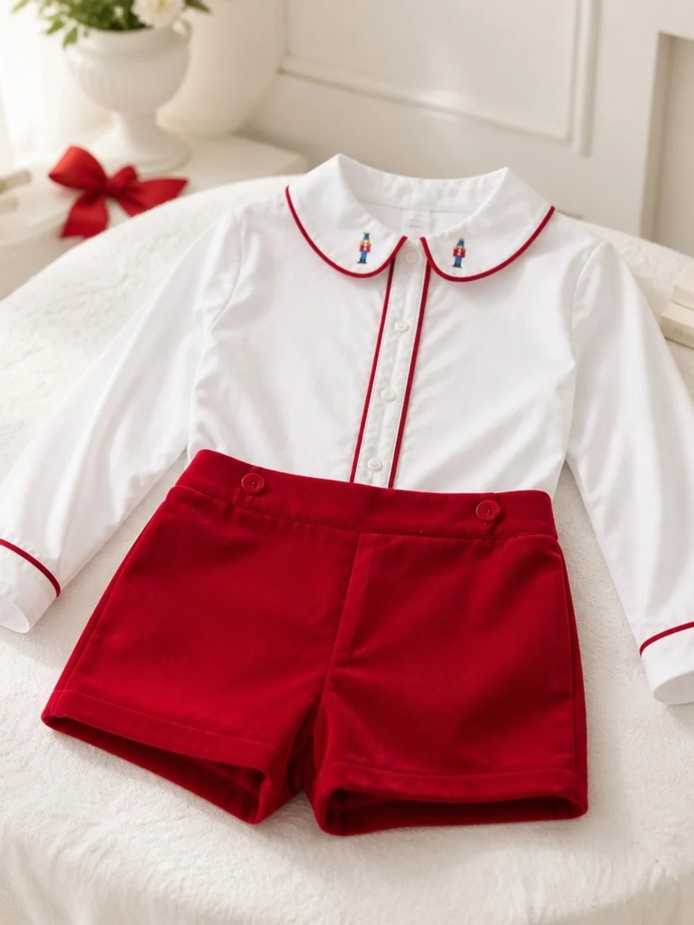 White Peter Pan Collar Top and Red Velvet Shorts Set